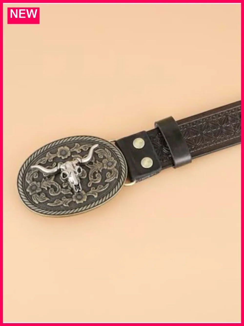 Vintage Western PU Leather Buckle Belt Oval Metal Floral Carved